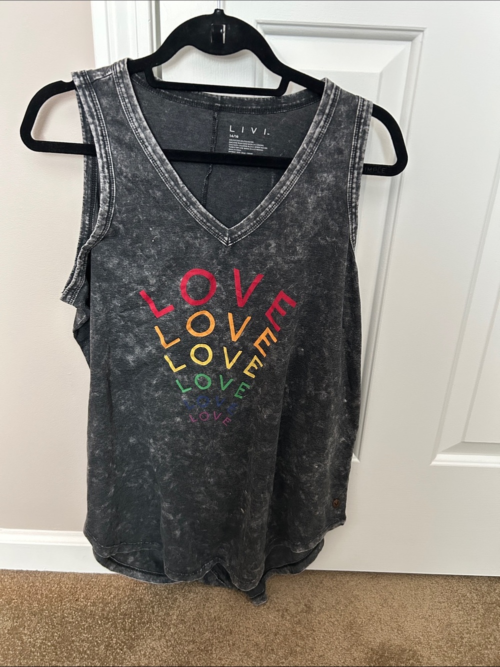 Livi Active Black Mineral Wash V-Neck Tank with Rainbow LOVE Graphic